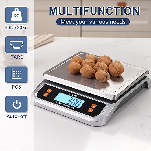 Atogou 66lb Food Scale, Commercial Kitchen Scale Plug-in Usable with Full View LCD Display, Stainless Steel, for Baking, Bread, Cooking, Meat, Vegetables, Farm, Industry LC200 Grey - Image 5