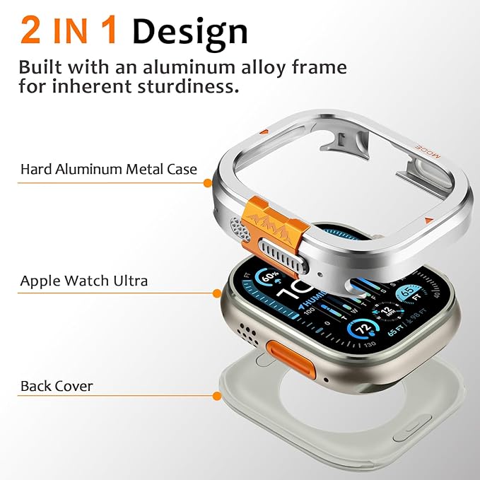 Amizee Metal Case Compatible with Apple Watch Ultra 3/2/1 49mm Case with Back Cover, Rugged Protective Bumper Cover for iWatch 49mm, Silver - Image 3
