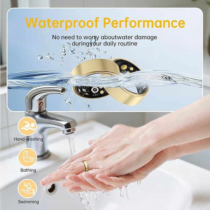 Smart Ring for Women & Men, Health Tracker Ring with Heart Rate, Blood Oxygen,Blood Pressure, IP68 Waterproof Fitness Ring, Sleep Tracker for iPhone and Android, No APP Fee (Gold, 11#) - Image 6