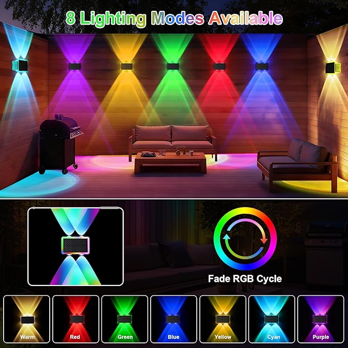 AUDLES Solar Fence Lights Outdoor, New Up Down Lighting Fence Lights Solar Powered with 8 Modes Warm White/RGB, IP65 Waterproof Solar Wall Light for Backyard Wall Pathway Deck Patio Decor - 8 Pack - Image 2