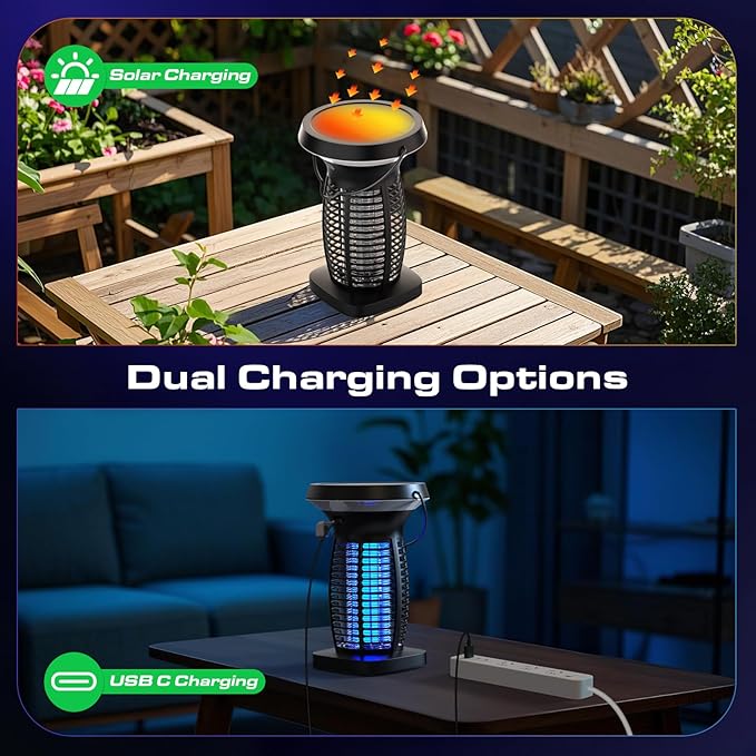 OnBeam Solar Bug Zapper Outdoor, Mosquito Zapper Outdoor Waterproof Electric Rechargeable Fly Zapper with Solar Panel, 4200V Fly Trap Indoor for Home Backyard, Patio, Garden, Camping - Image 2