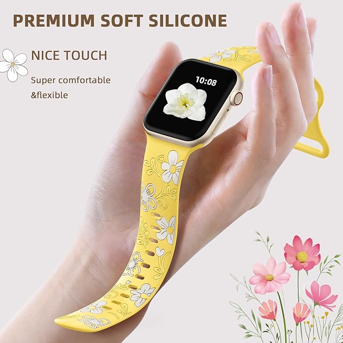 Witzon Floral Band Compatible with Apple Watch Bands For Women 40mm 41mm 38mm 42mm 44mm 45mm 46mm 49mm, Engraved Cute Flower Silicone Dressy Strap for iWatch Series 11 10 9 8 7 6 5 4 3 2 SE Ultra - Image 3