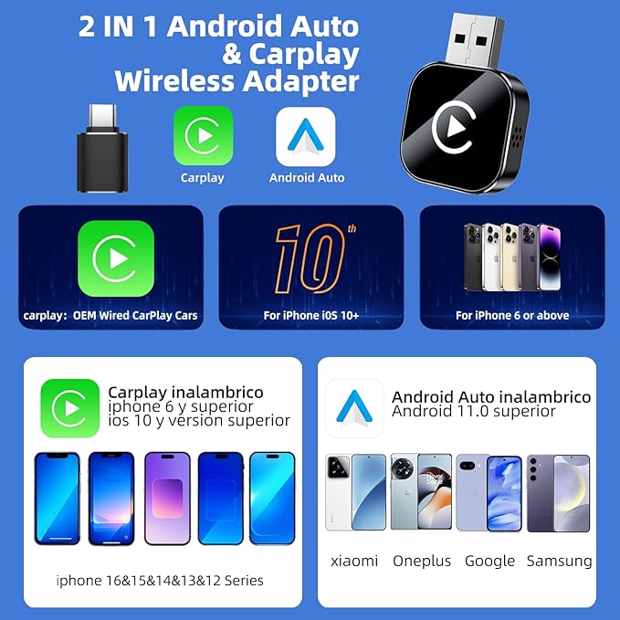 Wireless CarPlay Adapter, 2 in 1 2026 Convert Wired to Wireless CarPlay & Android Auto Adapter, Mini Size with Extension Cable USB & USB-C/Type-C, Stable Car Control & No Delay - Image 2