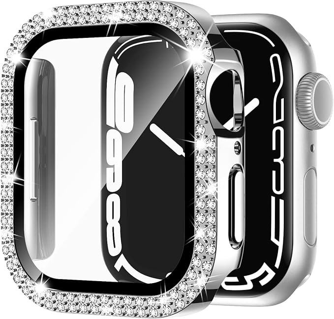 Adepoy Compatible for Apple Watch Case 44mm Series 6/5/4/SE with Tempered Glass Screen Protector, Double Bling Case Crystal Diamonds Rhinestone Bumper Overall Hard PC Protective Cover for iWatch 44mm by AdepoyAppleWatchAccessories
