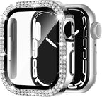 Adepoy Compatible for Apple Watch Case 44mm Series 6/5/4/SE with Tempered Glass Screen Protector, Double Bling Case Crystal Diamonds Rhinestone Bumper Overall Hard PC Protective Cover for iWatch 44mm by AdepoyAppleWatchAccessories