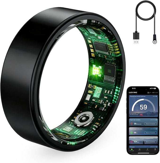 Smart Ring for Women & Men, Fitness Tracker Ring with Heart Rate Monitor, HRV, Sleep Tracking, No Subscription Fee, 10ATM Waterproof Activity Ring for iPhone & Android (Black, 12) by Unknown