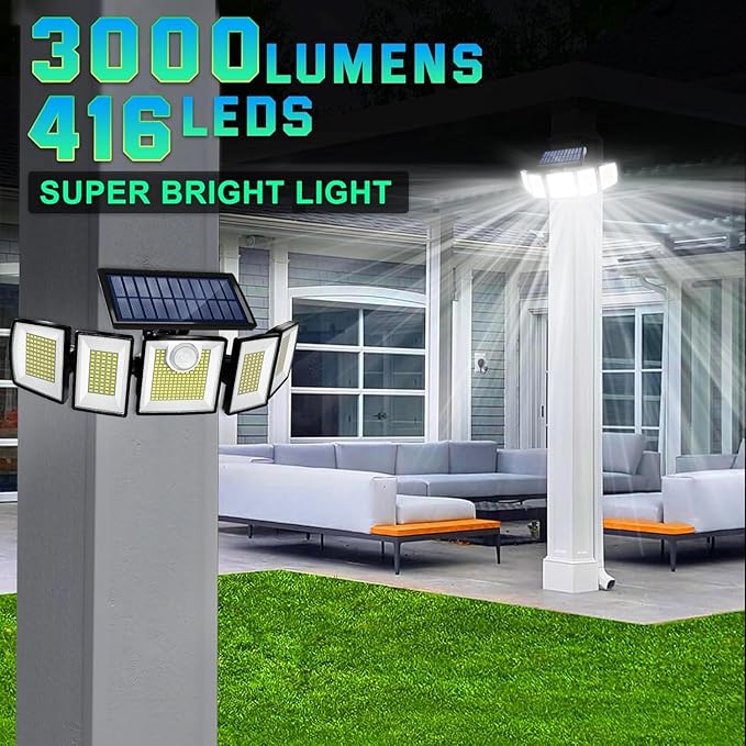 Solar Lights Outdoor Waterproof Motion Sensor - 416 LEDs 3000 Lumens Super Bright 3 Brightness 3 Modes 2400mAh 360° Illumination 32ft Solar Flood Security Light for Outside (‎With Remote Control, 4) - Image 2