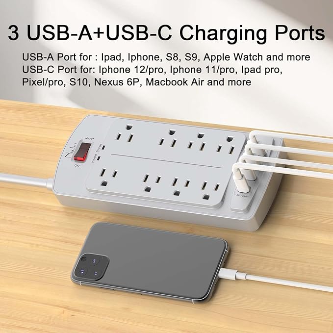 Surge Protector Power Strip - Nuetsa Flat Plug Extension Cord with 8 Outlets and 4 USB Ports, 10 Feet Power Cord (1625W/13A), 2700 Joules, ETL Listed, Grey - Image 3