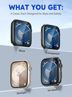 Misxi 4 Pack Case with Scratch-Resistant Screen Protector for Apple Watch Series 9 Series 8 Series 7 45mm, Cover with Hard PC Tempered Glass for iWatch, 1 Black + 1 Transparent + 1 Starlight + 1 Jet Black - Image 2