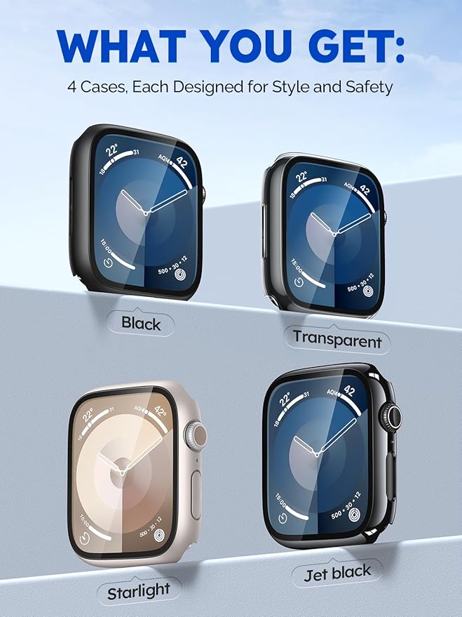 Misxi 4 Pack Case with Scratch-Resistant Screen Protector for Apple Watch Series 9 Series 8 Series 7 45mm, Cover with Hard PC Tempered Glass for iWatch, 1 Black + 1 Transparent + 1 Starlight + 1 Jet Black - Image 2