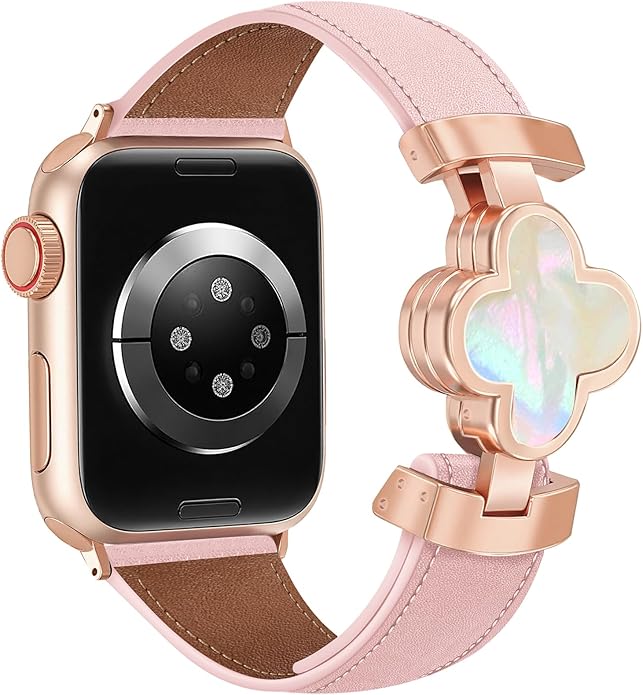 MOINSPIRE Designer Slim Leather Bands for Women,Lucky Four-Leaf Clover Cute Dressy Magnetic Watch Bands for iwatch Compatible with Apple Watch Series 11/10/9/8/7/6/5/4/3/2/1 SE 1/2/3 Ultra 1/2/3 by MOINSPIRE