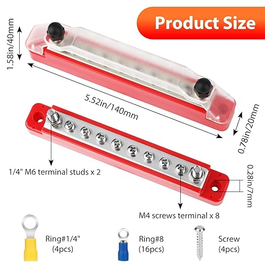 Linkstyle 12V Bus Bar Marine, 150A 1/4" Stud Power Distribution Block, Battery Busbar with Ring Terminals Cover for Automotive RV - Image 2