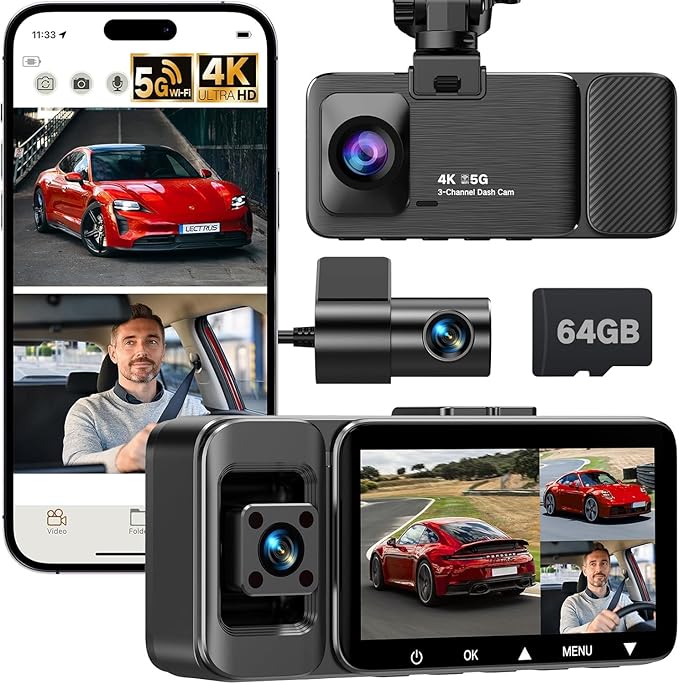 4K Dash Cam Front and Rear Inside, 3-Channel Cars Camera Dash with 170° Wide Angle, Free 64GB SD Card, 5.8GHz WiFi, Night Vision, G-Sensor, Loop Recording, Parking Monitor, USB C, Max 256GB by Lectrus