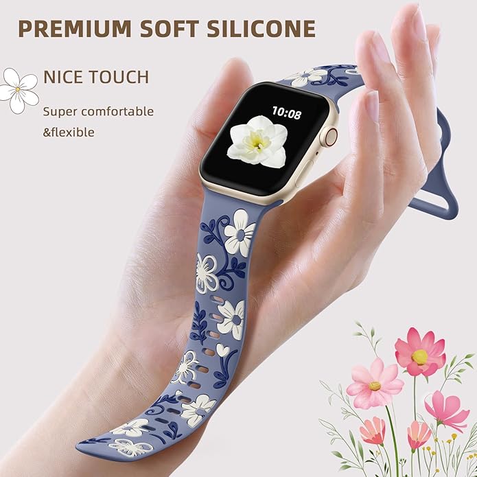 Witzon Floral Band Compatible with Apple Watch Bands For Women 40mm 41mm 38mm 42mm 44mm 45mm 46mm 49mm, Engraved Cute Flower Silicone Dressy Strap for iWatch Series 11 10 9 8 7 6 5 4 3 2 SE Ultra - Image 3