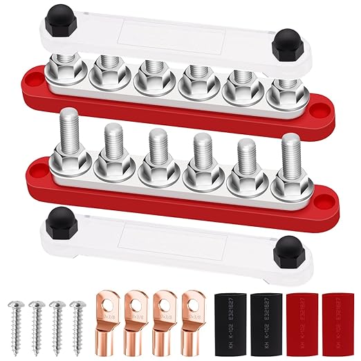 350A Bus Bar 12V Marine 6 x 3/8" (M10) Terminal Studs 12V-48V Power Distribution Block with Cover,with 4PCS Battery Lugs and 4PCS Heat Shrink Tubing Busbar for Boat Automotive Car by maierke