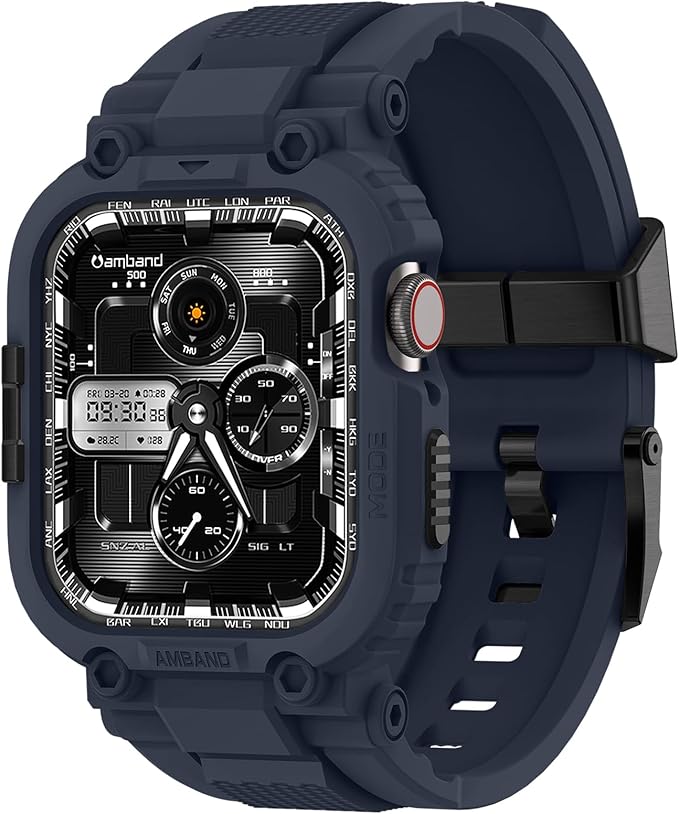 amBand Bands Compatible with Apple Watch 9/8/7 45mm, M1 Sport Series Rugged Case with TPU Strap Military Protective Tough Cover Bumper for iWatch SE3/SE2/SE/6/5/4 44mm Men Navy Blue by amBand