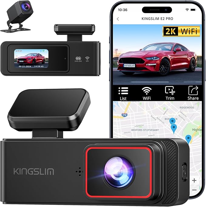 Kingslim Dash Cam Front and Rear 2K+1080P, Mini WiFi Dash Camera for Cars Dual Dashcam Parking Monitor, Loop Recording, Car Camera Support Max 256GB (E2PRO) by Unknown