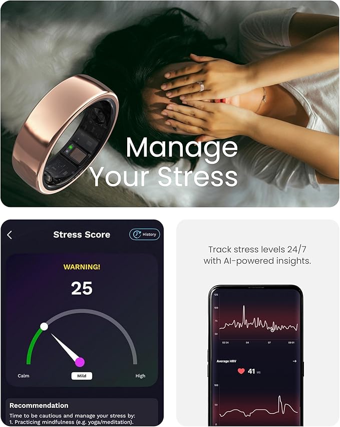 aabo aaboRing Smart Ring, Men, Women, Track Heart Rate, Fitness, Activity, Sleep Stress Monitoring, Step Count, Up to 7 Days of Battery Life, Titanium, No App Subscription, Gold 12 - Image 4