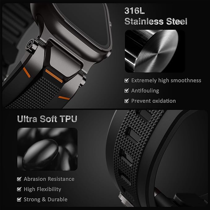 ULTIMAL Rugged Band for Apple Watch Ultra 3/2/1 49mm, Series 11/10/9/8/7/6/5/4 SE 46mm/45mm/44mm, Waterproof, Soft TPU Strap with Stainless Steel Buckle & Connectors, Sweat-Resistant, Easy to Clean, Fits 155-225mm Wrist (Black/Black) - Image 2