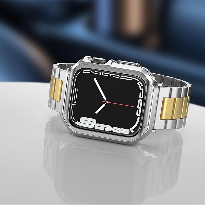 Designed for Apple Watch Band and Case, Stainless Steel Metal Chain with TPU Cover, Smart-Watch Link Bracelet Strap, Wrist-Band for i-Watch Series 9 8 7 6 5 4 3 2 1 SE, 45mm 44mm 42mm, Silver+Gold - Image 3