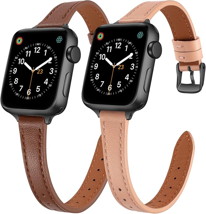 SEURE 2-pack Leather Bands Compatible with Apple Watch Band for women 38mm 40mm 41mm 42mm 44mm 45mm 46mm 49mm,Genuine Leather Band Slim Thin Strap for iWatch Ultra SE Series 11/10/9/8/7/6/5/4/3/2/1 by SEURE