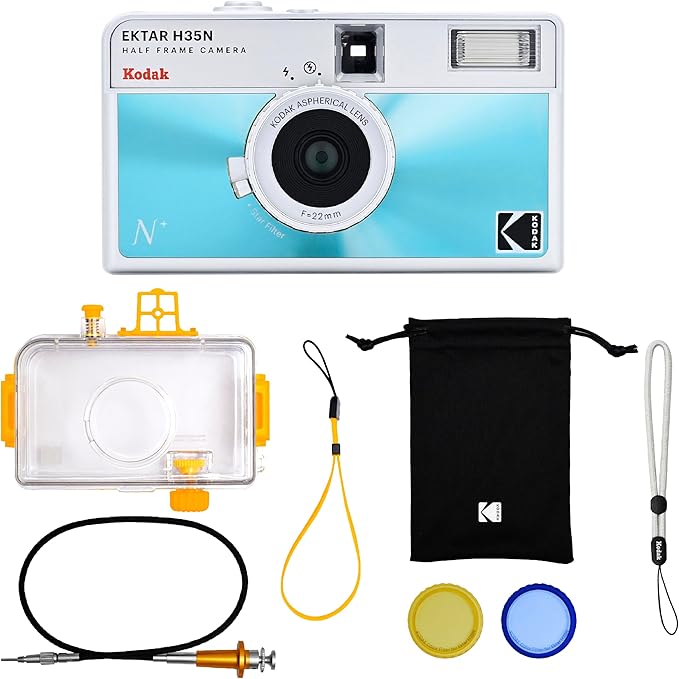 KODAK EKTAR H35N Half Frame Film Camera, 35mm, Reusable, Focus-Free, Bulb Function, Built-in Star Filter, Coated Improved Lens (Film & AAA Battery are not Included) (Glazed Blue, Premium Kit) by Kodak