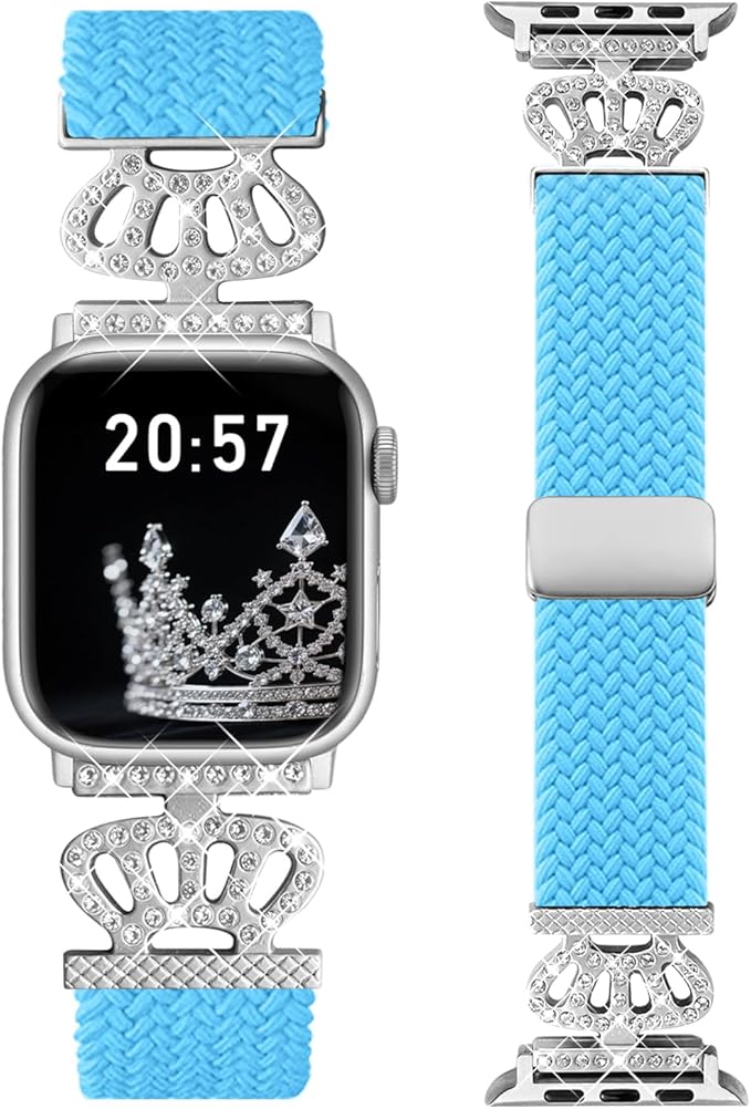 Braided Band Compatible with Apple Watch Bands 40mm 38mm 41mm 42mm 44mm 45mm 46mm 49mm,Magnetic Soft Nylon Stretchy Strap with Designer Bling Crown Strap for Series 10/9/8/7/6/5/4/3/2/SE/Ultra by CHINBER