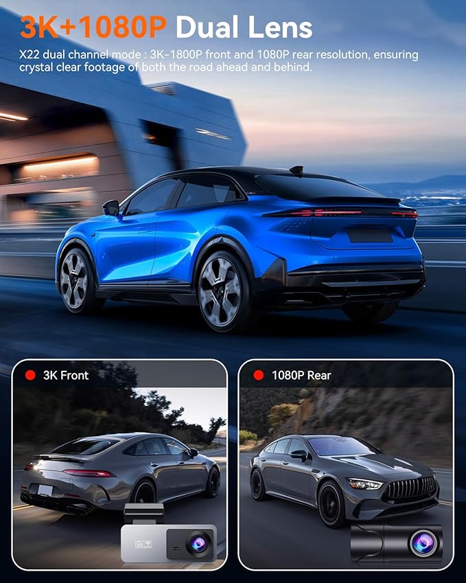 Dash Cam Front and Rear, 4K Front Dash Cam, 3K+1080P Dual Dash Camera for Cars, Built-in WiFi, Car Dashcams with Night Vision, Free 64GB Card, 24H Parking Mode, App Control, Silvery - Image 4