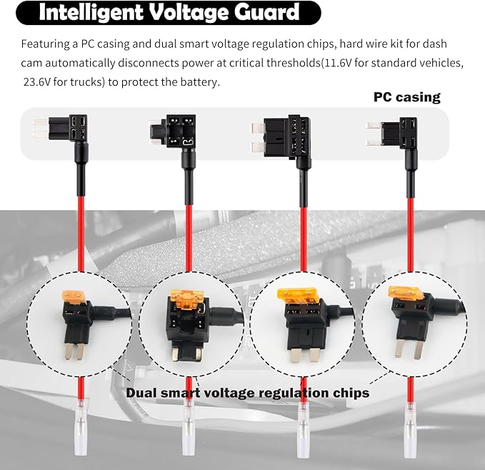 9.68Ft Type C Dash Cam Hardwire Kit,Low Voltage Protection Hardwire Kit for Dash Camera with 4PCS Car Fuse Tap and 4PCS 5A Blade Fuse,12V-30V to 5V Dashcam Hardwires Kits USB C - Image 3