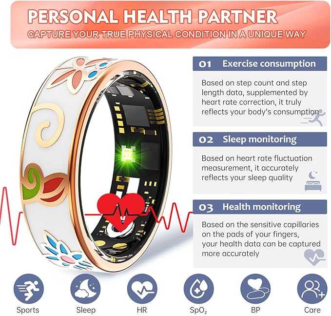 Smart Ring Health Tracker for Women Men, Sleep Tracker with Heart Rate,SpO₂,Blood Pressure, Fitness Ring for Activity Monitoring, No Subscription, Step Tracker Ring for ios&Android (Enamel color,#10) - Image 2