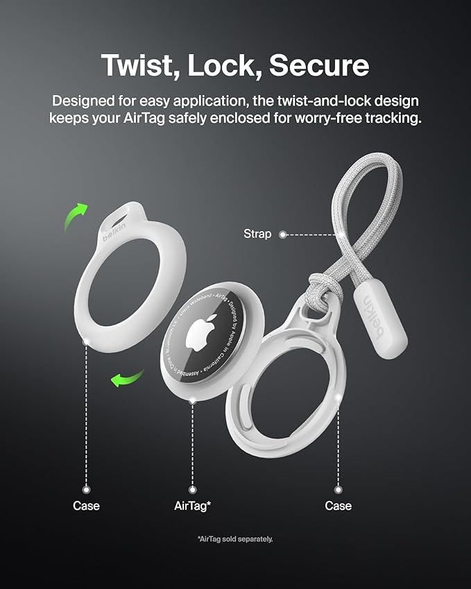 Belkin Apple Airtag Secure Holder With Strap - Apple Air Tag Keychain - Airtag Holder With Strap For Key Ring - Airtag Keychain Accessories - Scratch Resistant Airtag Case With Raised Edges - White - Image 4