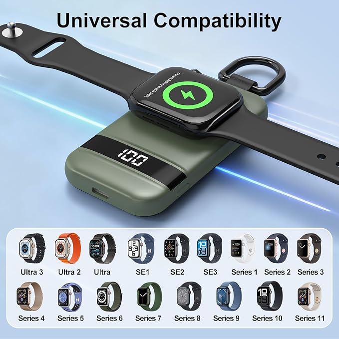 Portable Charger for Apple Watch, 2500mAh & Digital Display – Magnetic Fast Charging iWatch Charger for Travel – for Apple Watch Series 1-11/SE1-3/Ultra 1-3 (Dark Green, 2.5, Watts) - Image 4