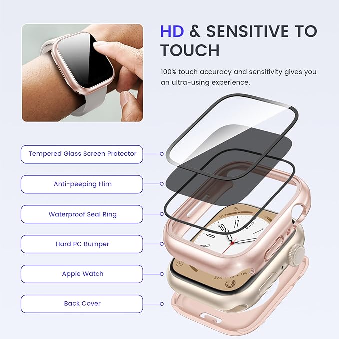 Goton Privacy Waterproof Case Compatible for Apple Watch Screen Protector 44mm Series 6/5/4, SE 3/2/1, Anti Spy Face Cover Back Bumper for iWatch Accessories - Image 8