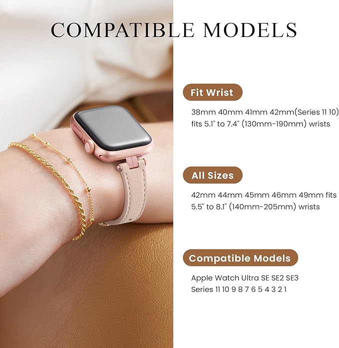 STIROLL Thin Leather Band Compatible with Apple Watch Bands 41mm 40mm 38mm 42mm(Series 11 10) Women, Stylish Top-Grain Leather Strap Slim Wristband for iWatch SE3/2/1 Series 9 8 7 6 5 4 3 2 1, PinkSand/Rose Gold - Image 5