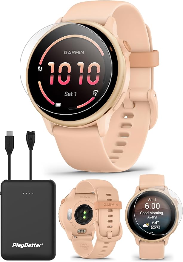 Garmin vivoactive 6 (Metallic Pink Dawn) Fitness GPS Smartwatch Bundle - AMOLED Health Watch, 11-Day Battery Life, Body Battery, Music Storage with PlayBetter Screen Protectors & Portable Charger by PlayBetter
