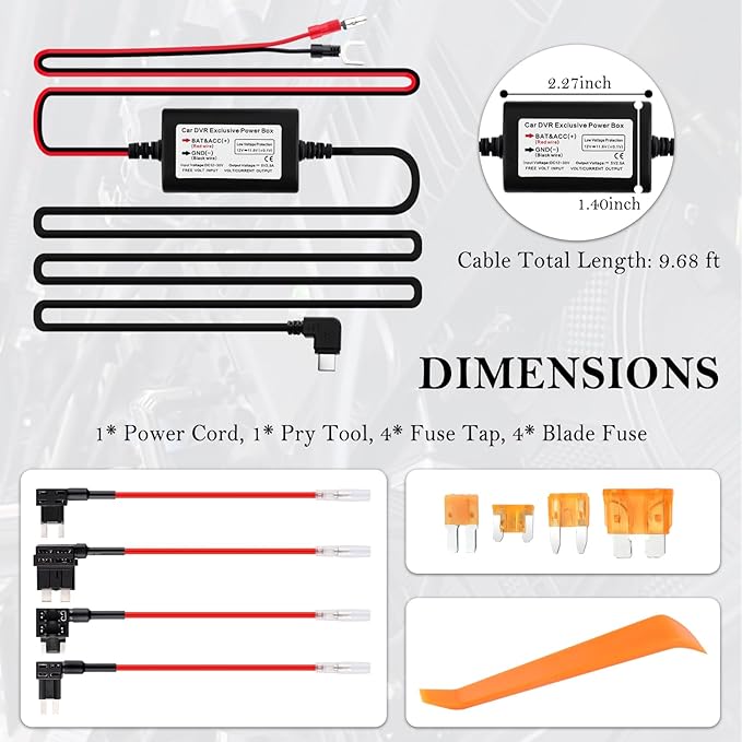 9.68Ft Type C Dash Cam Hardwire Kit 12-30V to 5V,Hardwire Kit for Dash Camera Includes 5A Blade Fuse/Fuse Tap/Power Cable/Tool,Dashcam Hardwires Kits USB C with Low Voltage Protection - Image 2