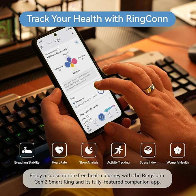 RingConn Gen 2, World’s First Smart Ring with Sleep Apnea Monitoring, No APP Subscription, 12-Day Battery Life, Stress/Heart Rate/Women's Health Tracker, Android & iOS Compatible (Silver, Size 14) - Image 3
