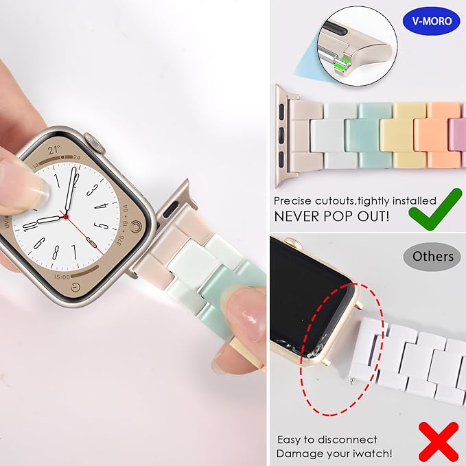 V-MORO Resin Bands Compatible with Apple Watch Series 11/10/9/8/7 Band 45mm 46mm Starlight Buckle Lightweight Fashion Strap Bracelet for iwatch Series SE/6/5/4/3/2/1(Bonbon Rainbow,42/44/45/46/49mm) - Image 6