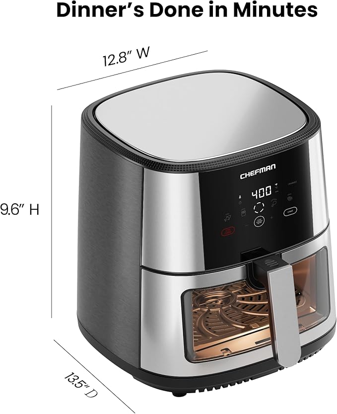 CHEFMAN Easy-View Air Fryer – 8 Qt Family Size with Viewing Window, One-Touch Digital Control with 4 Presets, Nonstick & Dishwasher Safe, Broil, Roast, Dehydrate, Bake, Auto-Shutoff, Stainless Steel - Image 8