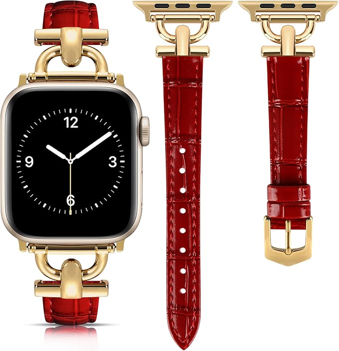 Leather Band Compatible with Apple Watch Bands for Women, Dressy Fancy Strap for iWatch Series 11/10/9/8/7/6/5/4/3/2/1/se(38mm 40mm 41mm 42mm,Red/Gold) by mxiixnai