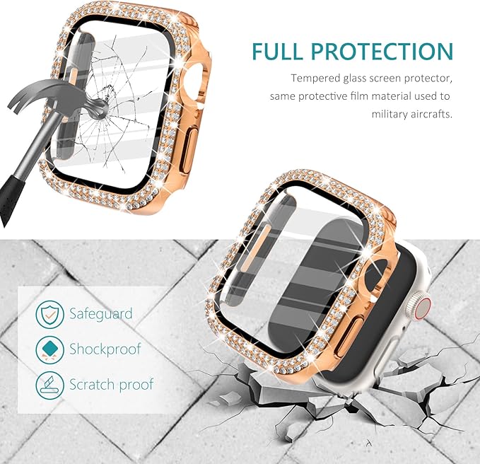 Surace 45mm Case Compatible with Apple Watch Series 9 Series 8 Series 7 Case with Screen Protector, Bling Diamond Overall Protective Case Compatible with Apple Watch Series 7 & 8 & 9 45mm, Rose Gold - Image 3