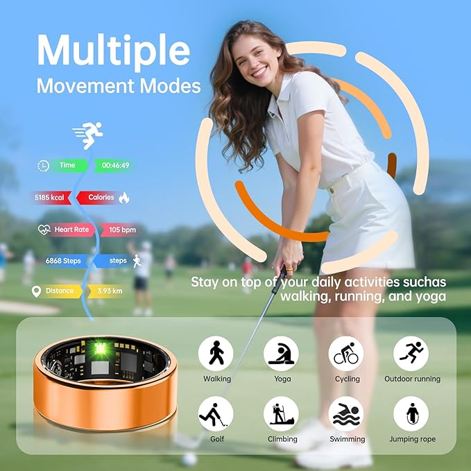 Smart Ring for Women & Men, Health Tracker Ring with Heart Rate, Blood Oxygen,Blood Pressure, IP68 Waterproof Fitness Ring, Sleep Tracker for iPhone and Android, No APP Fee (Orange, 10#) - Image 5