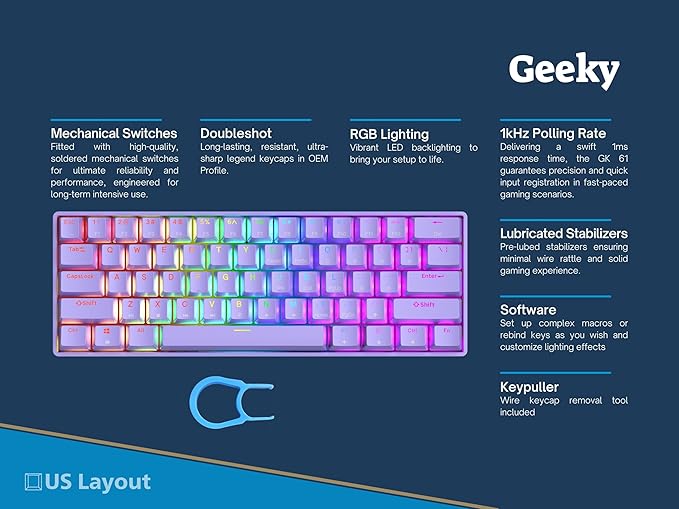 Geeky GK61 SE 60% | Mechanical Gaming Keyboard | 61 Keys Multi Color RGB LED Backlit for PC/Mac Gamer | ANSI US American Layout (Lavender, Mechanical Speed Silver) - Image 2