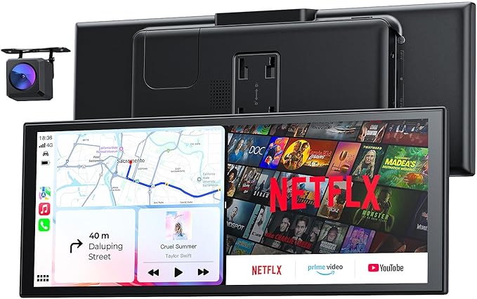 10.26“ Carplay Screen for Car with Net-Flix YouTube, Portable 60FPS Wireless Car Play Tablet for Apple CarPlay & Android Auto, 1080P Backup Camera, OTA, Dual Bluetooth, Voice Control, Navigation by Krunia