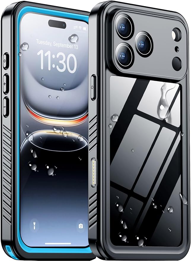 Temdan Compatible with iPhone 17 Pro Case,Waterproof Built-in Screen & Camera Protector IP68 Underwater Full Body 17FT Military Dropproof Shockproof Phone Case 6.3"-Blue/Clear by Temdan