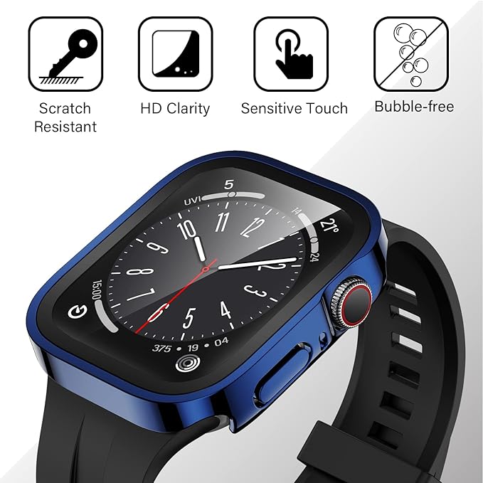 Amizee 2 Pack Compatible with Apple Watch Series 9 8 7 45mm Case with Built-in Screen Protector, Ultra-Thin Hard PC Straight Edge Anti-Scratch Protective Cover for iWatch 45mm (Black/Blue) - Image 6