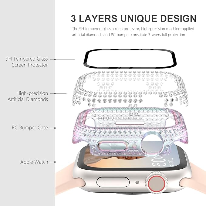 Surace Compatible with Apple Watch Case 44mm, 300 Diamonds with Screen Protector for Apple Watch Series 6/5/4/3/2/1, Bling Case Tempered Glass Protective Cover for 38mm 40mm 42mm 44mm, Rainbow - Image 5