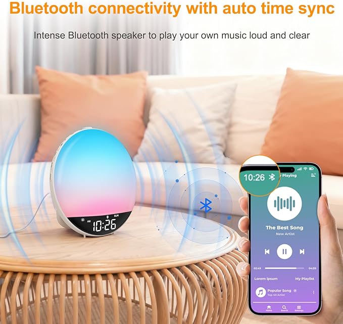 DreamSky Sunrise Alarm Clock Radio for Bedroom - Wake up Light Alarm Clock for Kids Heavy Sleepers Adults, Digital FM Radio with Bluetooth Speaker, Volume Control, Dimmable RGB Night Light, Timer - Image 5