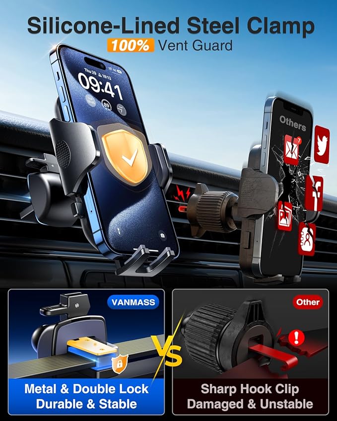 VANMASS 2026 【True Military-Grade】 Phone Holders for Your Car 【90 LBS Strongest Suction & Clip】 Ultimate Cell Phone Mount Dashboard Window Vent for iPhone 16 Pro Max 15 14 13 Samsung Android - Image 7