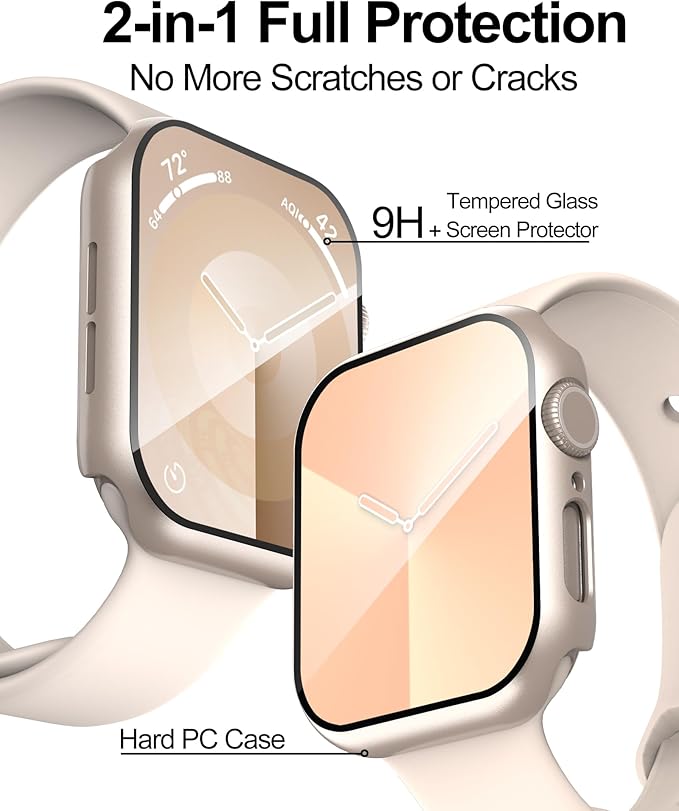 Smiling 2 Pack Case Compatible with Apple Watch SE 3 (2025)/ SE 2/ SE/Series 6/5/4 44mm with Tempered Glass Screen Protector, Hard PC Case Overall Protective Cover- 1 Starlight + 1 Transparent - Image 2
